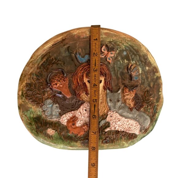 Whimsical Naive Animals Art Pottery Wall Plaque Decor Lion Lamb Fox Owl Bull - Picture 5 of 5